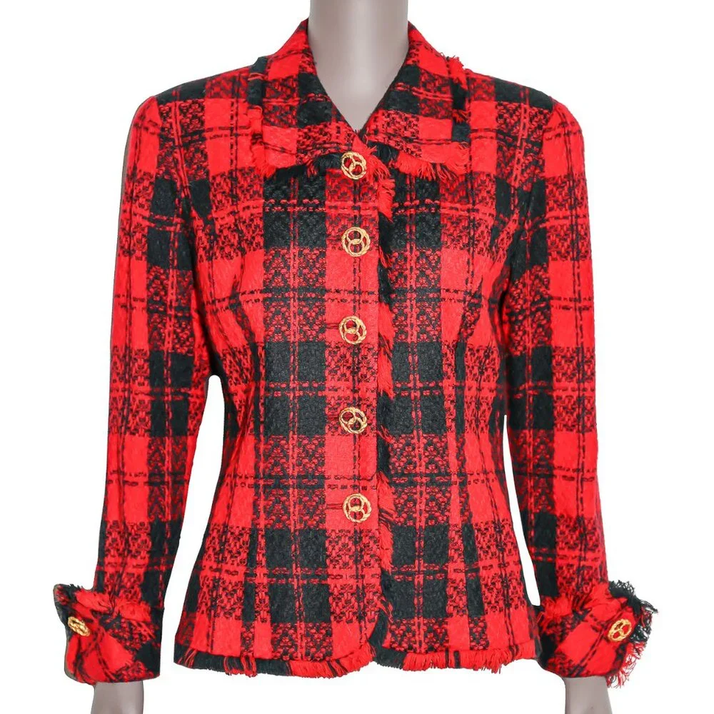Vintage 80s‎ Red Black Plaid Skirt Suit Matching Set Formal Evening Work Office